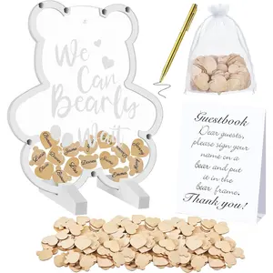We Can Bearly Wait Acrylic Baby Shower Guest Book Alternatives Decorations with Wooden Hearts for 60 Guests Baby Shower Sign Picture Frame Pregnancy Keepsake Edition for Soon to Be Mom (Clear)