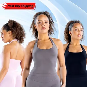 Dfyne Impact Halter Top Women's Seamless Gym Top High Stretch Fabric Built-in Bra Removable Pads Longline Backless Supportive Halterneck