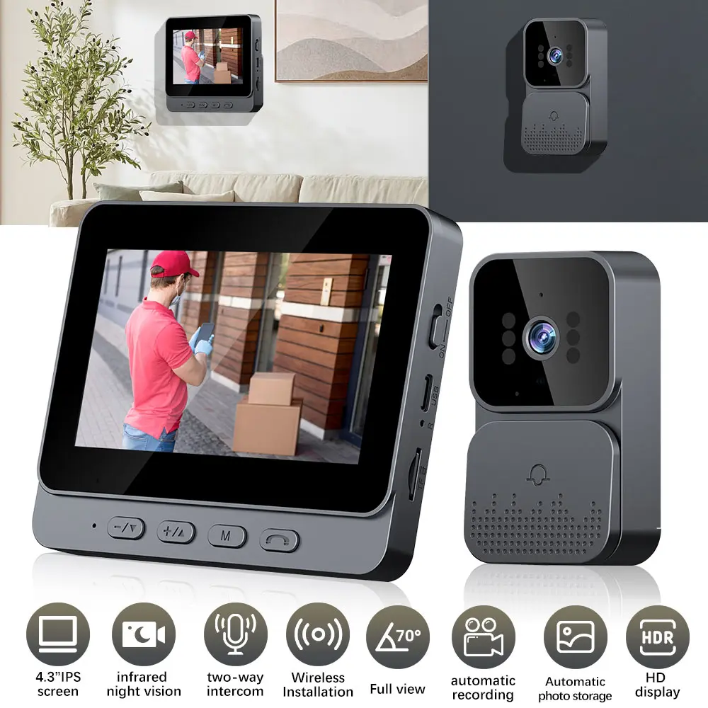 Video Door Bell 1080P Camera Wireless with 4.3inch IPS Screen Doorbell Camera