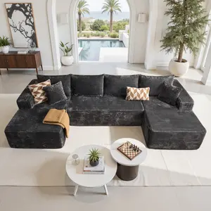 CAODOC Oversized 134.6" U Shape Cloud Couch Plus Sectional Sofa with Chaise Modern Modular Sofa with 6 Soft Pillows & Lounge Chairs Boneless Upholstered Couches for Living Room Bedroom Plush Corduroy Fabric