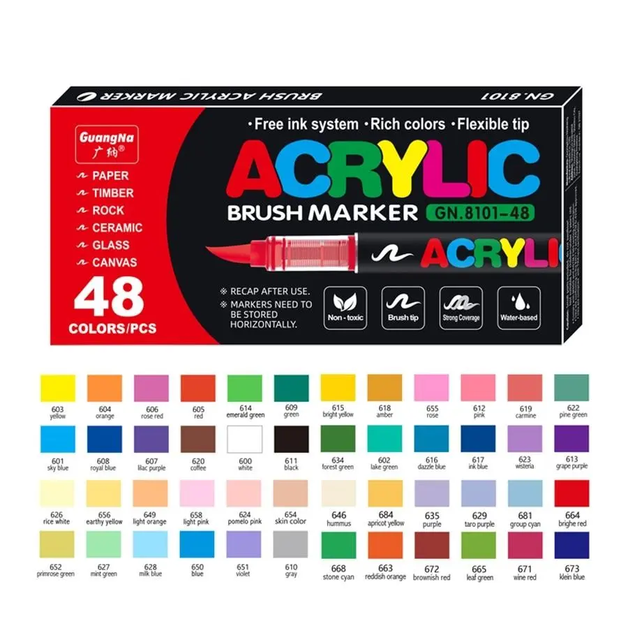 Direct Liquid Acrylic Paint Pens, 48 Colors, Soft Brush Tip, Water-Based Markers, for Fabric, Canvas, Rock, Glass, Wood, Paper, School & Art Supplies, DIY Painting Supplies