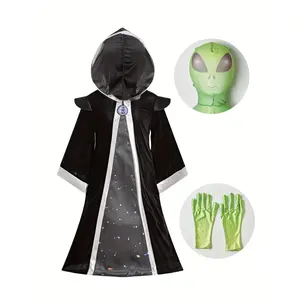 Kids' Alien Cosplay Costume: Robe with Hooded, Green Gloves & Mesh Mask - Ideal for Cosmic Adventures, Halloween & Parties