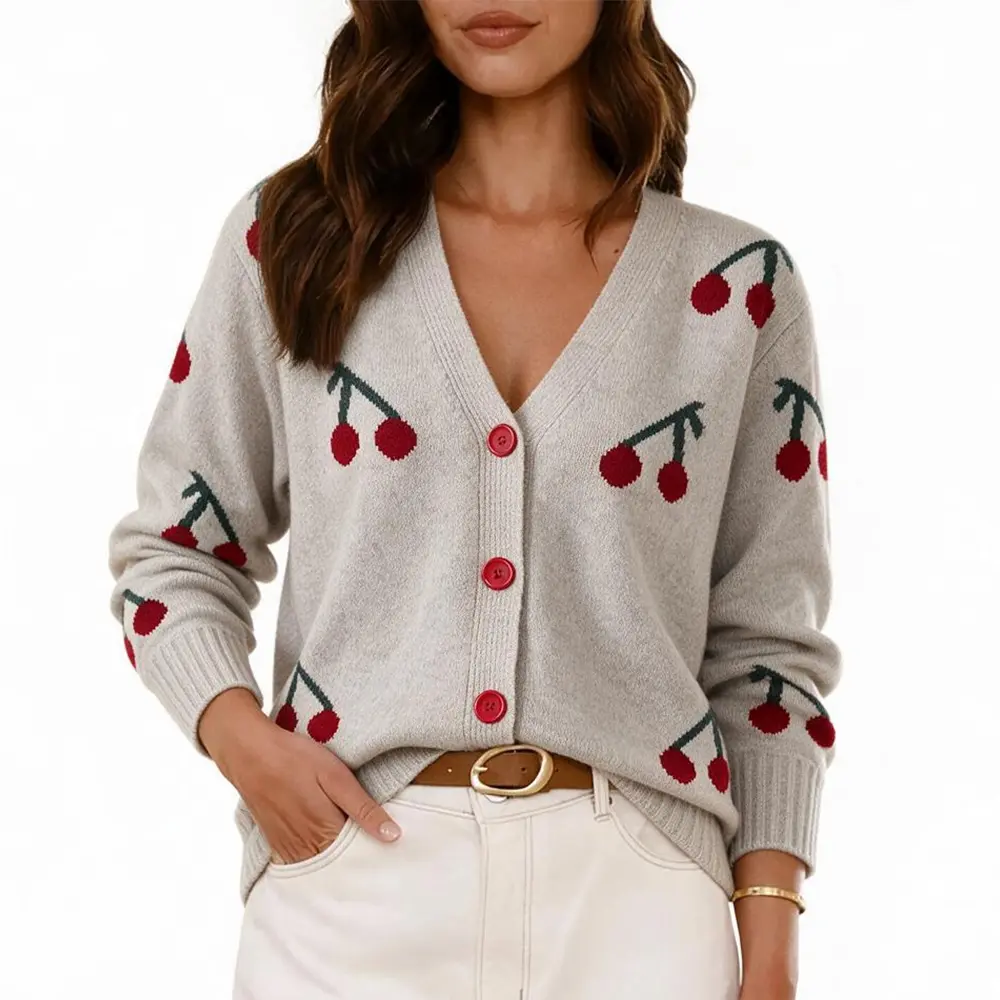 Women's V-Neck Cherry-Jacquard Knitting Cardigan, Drop-Shoulder Long-Sleeve Lightweight Top for Fall & Winter Casual Daily Outfits, 2026 Fall Cherries-Infused Knit Wear cherry pattern button front