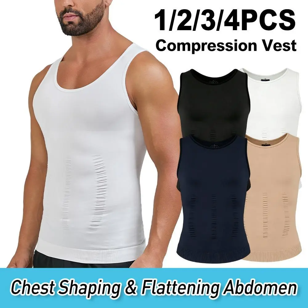1/2/3/4PCS Men's Seamless Cut Sports Tops, Athletic Sleeveless Chest Support Tummy Control Shaping Vest for Gynecomastia Undershirt, Body Shaper, Athletic Sleeveless Men's Sports Vest, Chest Support Men's Sports Vest, Multi-Size