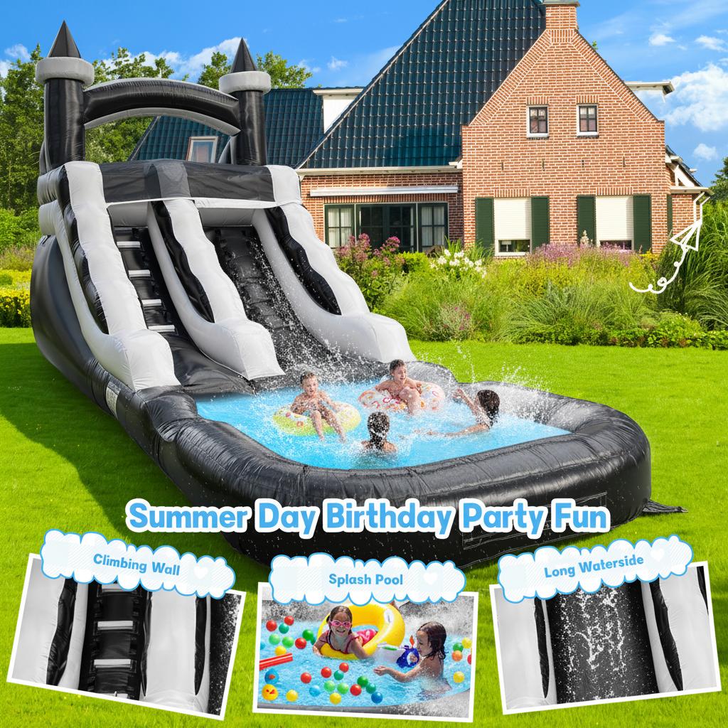 Commercial-Grade Large Water Slide,  Inflatable Water Slide for Kids&Adults Commercial Water Slide and Splash Pool, Giant Commercial-Grade Inflatable Water Slide, Swimming Pool, Large Waterslide, Wet/Dry Use, Summer Fun, Black