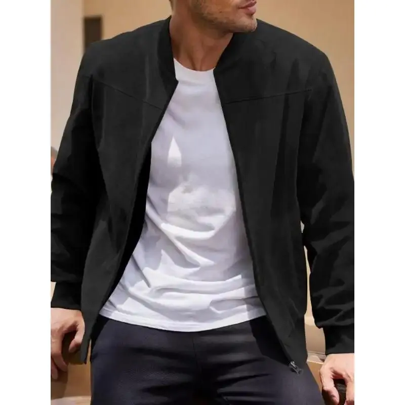Men's Solid Color Vintage Harbor Style Flight Jacket, Casual Long Sleeve Zipper Suede Jacket for Outdoor Activities, Fashion Men's Clothes for All Seasons