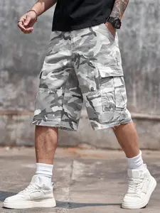 Men's Summer Light Camo cargo breathable comfy shorts, casual streetwear shorts, Loose Wide Leg Five-Quarter Pants, Vintage Faded Hem Multi-Pocket, Casual Daily Wear