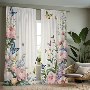 2 floral print polyester curtains with vibrant pink, white, purple, yellow and blue flowers - translucent rod pocket design for living room and bedroom decor Window Curtain