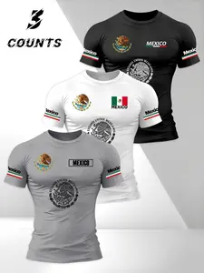 Men's Sportswear Casual Short Sleeve T-Shirt Set, Sporty Style, Mexican Emblem Theme, Elastic Soft Fabric, Summer Ideal Choice, Comfortable Daily Wear, Sporty Style Clothes