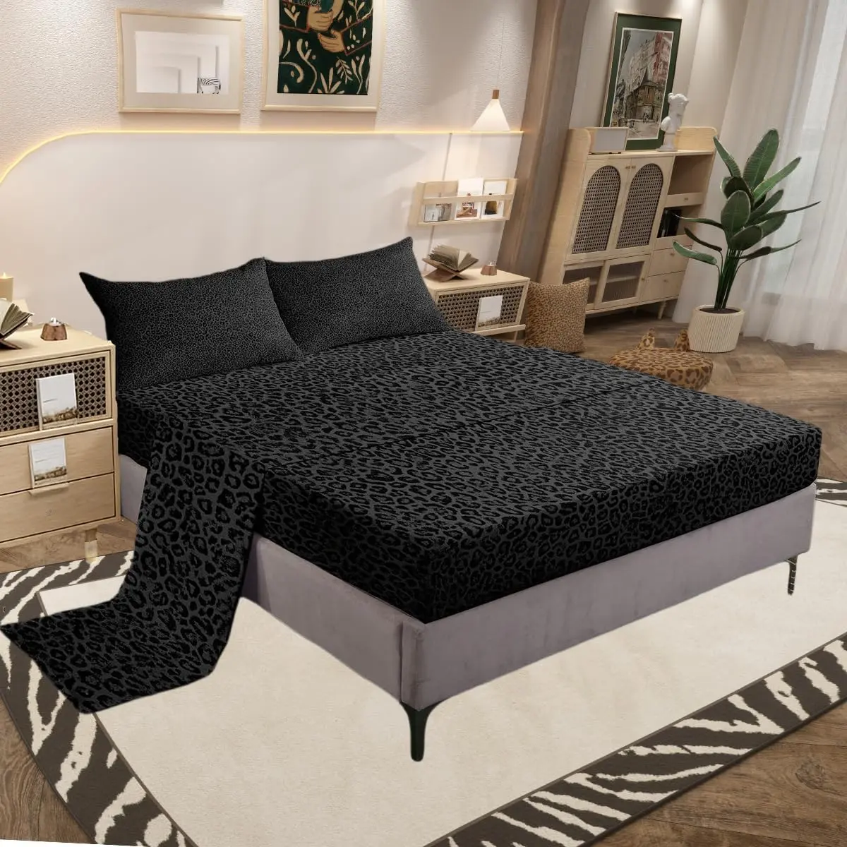 Black Leopard Print Bed Sheets Set Cheetah Print Deep Pocket Fitted Sheet Modern Art Bedding Sets Safari Soft Bed Set
