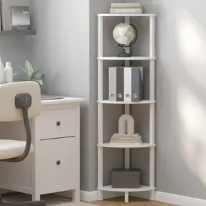 Corner Shelf, 5-Tier Corner Bookshelf, Industrial Corner Ladder Shelf, Modern Display Shelf for Living Room, Bedroom, Kitchen, Home Office, White UJSJ001W