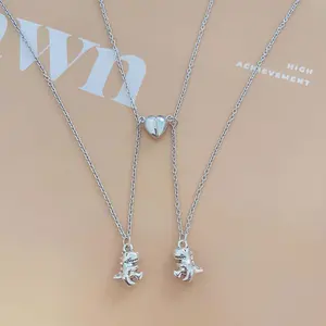 Alloy dinosaur pendant love magnetic buckle attraction necklace 21.65in silver couple friends daily jewelry gift