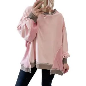 Znacicc Oversized Winteroutfit Colorblock Sweatshirt Women's Light Pink Pullover with Drop Shoulder & Waffle Texture for Casual Comfort