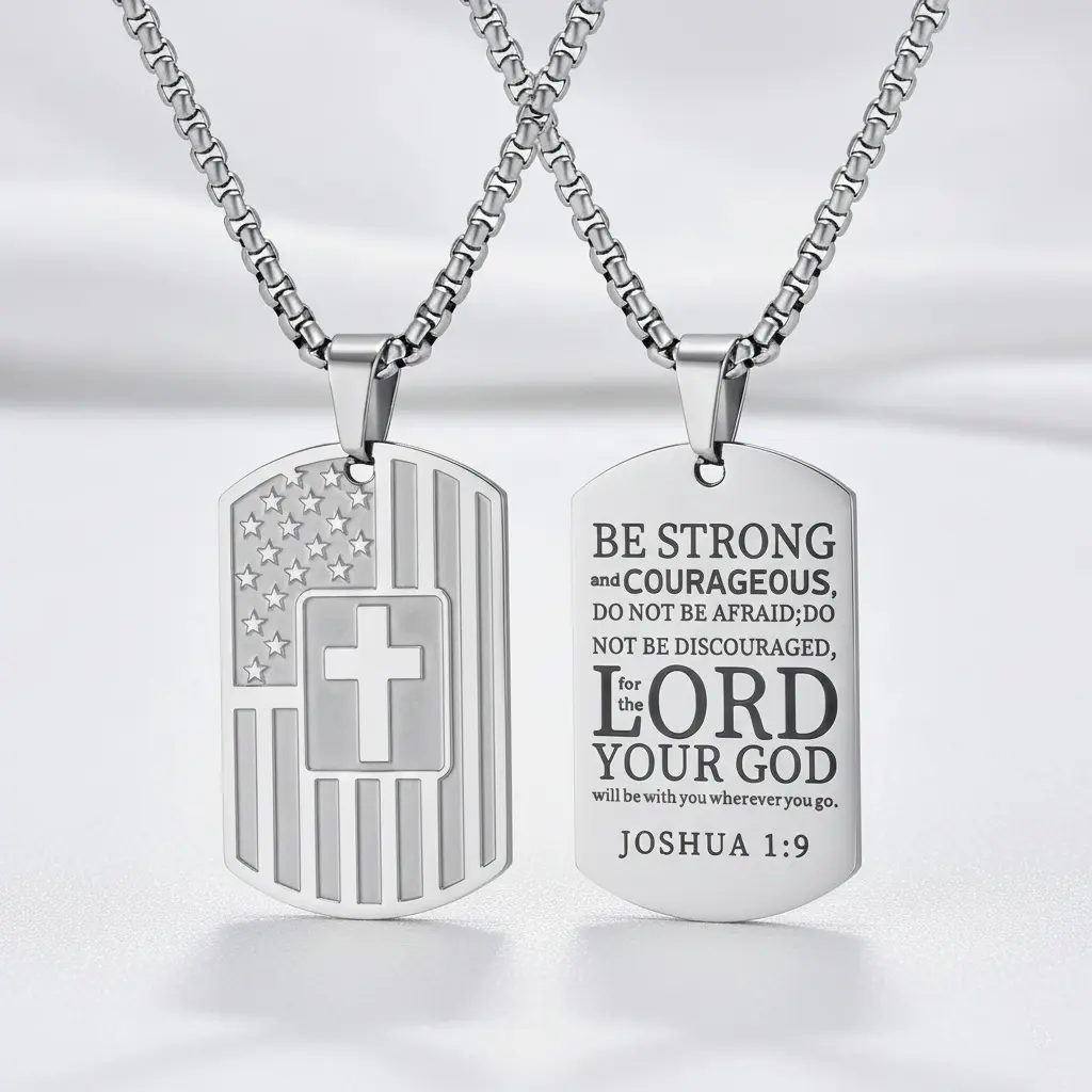 Men's American Flag Dog Tag, Double-Sided Bible Verse Spiritual Jewelry for Devotion & Pride, Hypoallergenic Stainless Steel, 24-Inch Chain, Birthday Gift, Loyalty, Father's Day Gifts, Mens Gifts