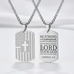 Dog Tag Cross Necklace for Men Boys, 24 Inches American Flag Stainless Steel Bible Verse Pendant Chain Religious Patriotic Jewelry Gifts
