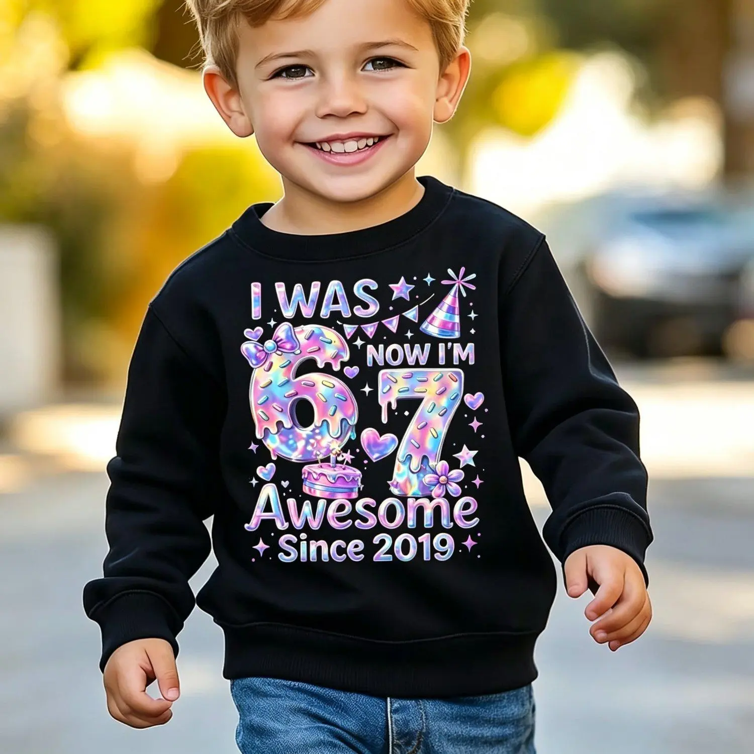 I Was 6 Now Im 7 Awesome Since 2019 Iridescent Donut Birthday Graphic Crewneck Sweatshirt Pullover Casual Gift Age 7 Party Apparel men