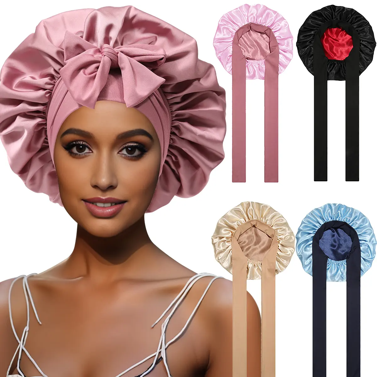 Large Satin Bonnet Silk Feeling Bonnet for Sleeping Women Curly Hair Bonnet with Elastic Tie Band Reversible Double Layer Bonnet Sleep Cap Hair Wrap TikTokShopBlackFriday summerwins