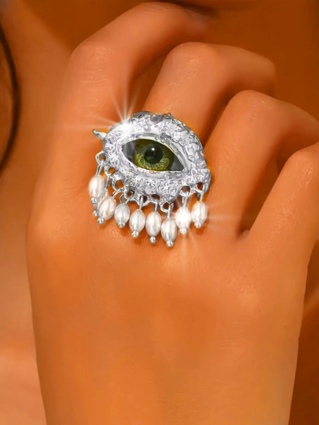 1 piece of retro devil's eye imitation pearl tassel ring, Fashion Rings, Unique Rings, Statement Rings, stylish and exaggerated opening adjustable fashionable ring, suitable for ladies' parties as exquisite jewelry