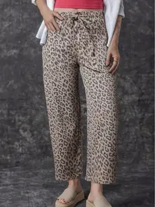 65% Cotton Leopard Print Barrel Jeans Women Drawstring Waist Pocketed Denim Pants Chic Cropped Ankle Horseshoe Jeans Fall 2026 Y2K Aesthetic Streetwear Outfits