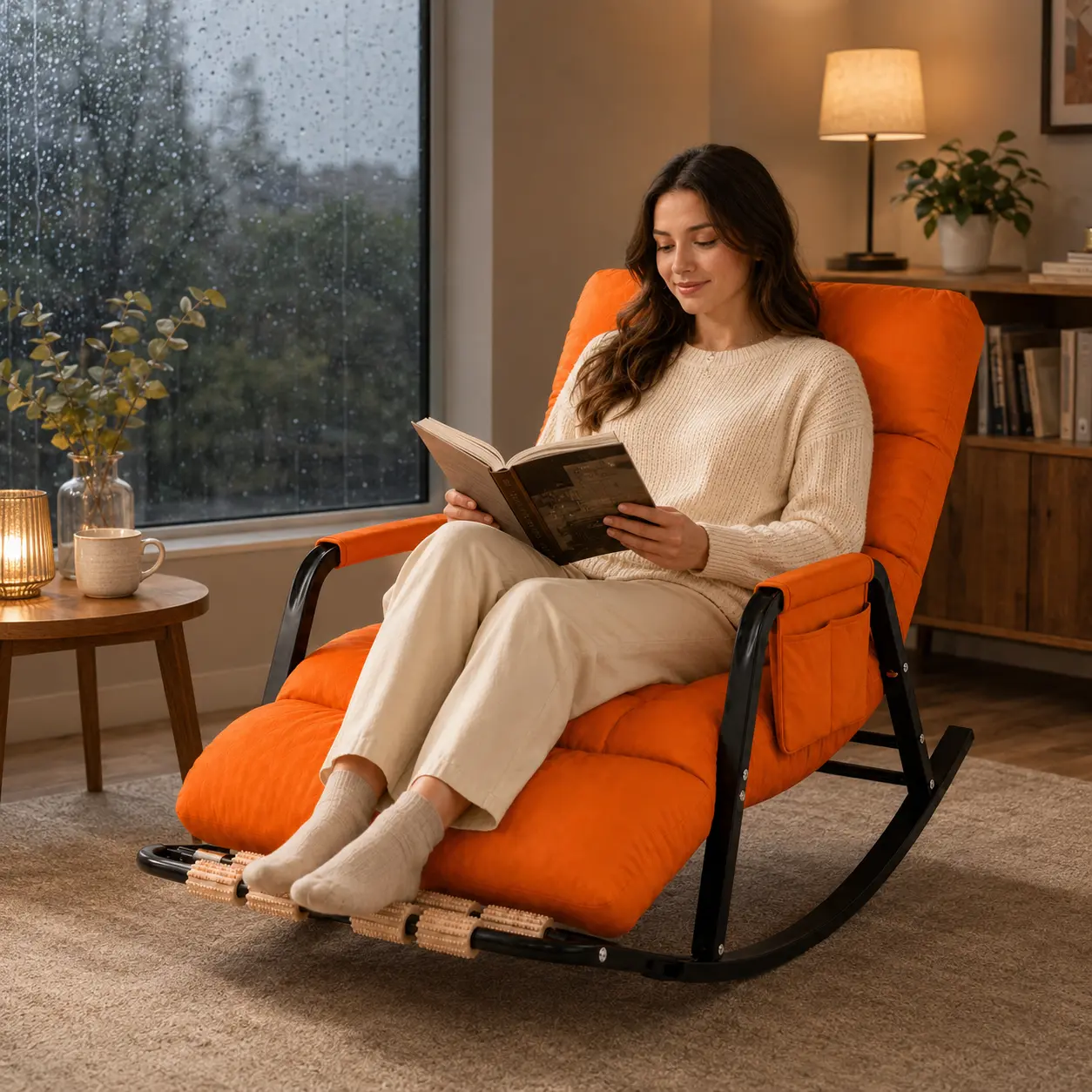 Indoor High-Back Rocking Chair for Adults - Footrest Massage Rollers, Stain & Water-Resistant Tufted Cushion, Padded Armrests, Side Pocket, Sturdy Metal Frame - Living Room, Bedroom Reading Accent Chair