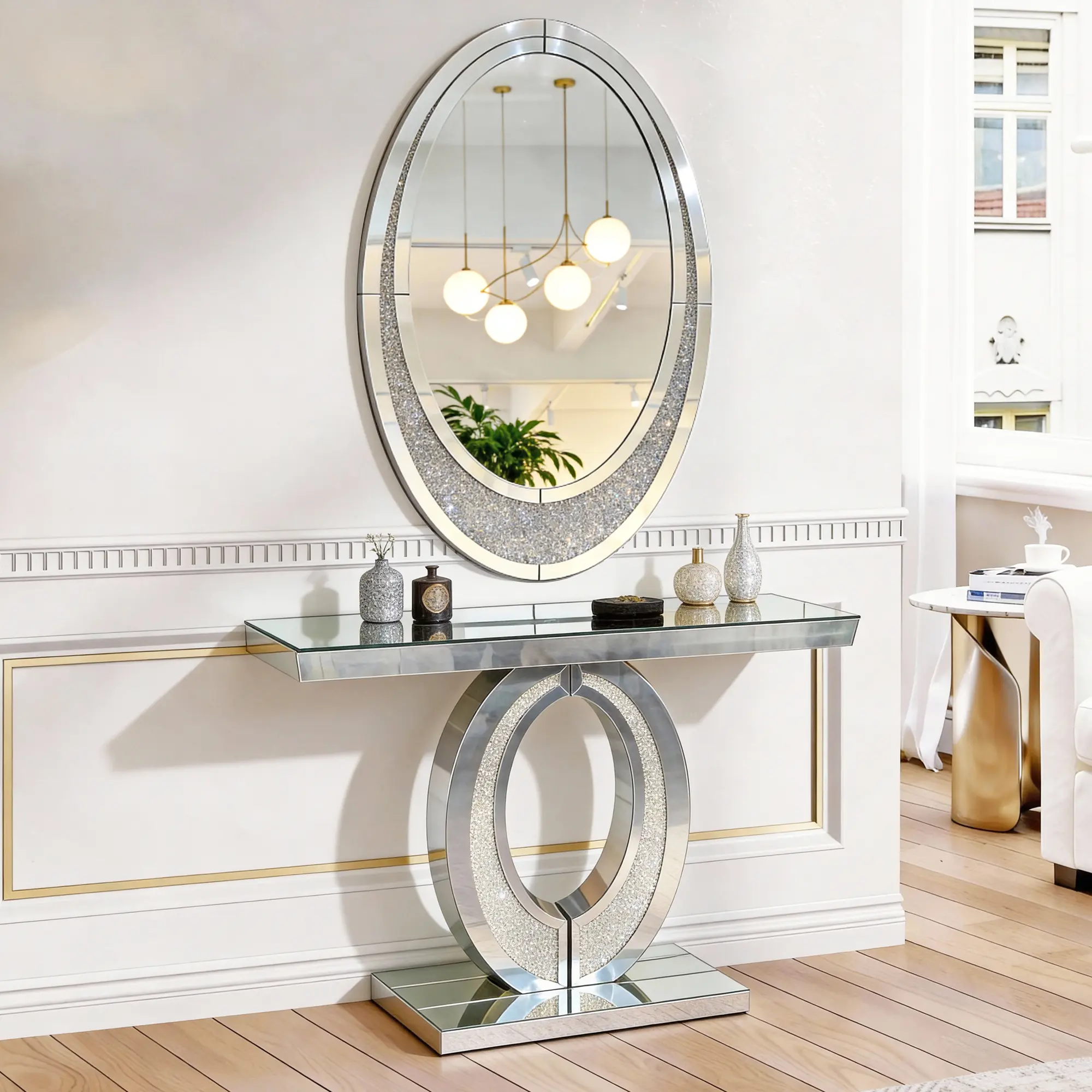 Crushed Diamonds Inlay Mirrored Console Table & Oval Silver Accent Mirror Set - MDF+Glass Indoor Furniture, Modern Luxury Entryway-Living Room Decor Table