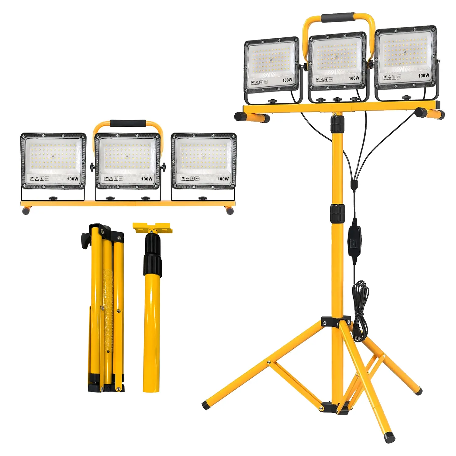 LED work light, ultra-high brightness, with stand, 32,000 lumens dual-head LED work light, equipped with 5.3-inch adjustable folding tripod, 5000K color temperature.