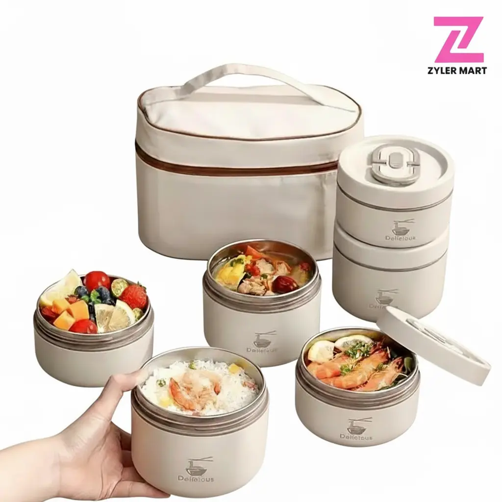 ZYLER 4-Tier Stainless Steel Modern Thermal Lunch Box, High-Capacity Insulated Bento Box with Leakproof Lid, Reusable Portable Set with Carry Bag & Tableware, Ideal for Kids, Office & Camping, Thermal Lunch Boxes