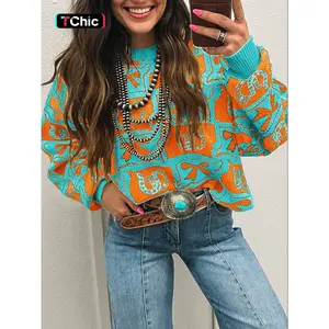 Women's Western Style Bow & Horseshoe Print Sweater, Casual Long Sleeve Knitwear, Fall & Winter Fashion, Unique Design Clothes