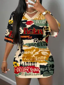 1 Piece Graffiti Print T-Shirt Dress, Womenswear, Oversized Loose V-Neck & Stretch Elastic Fabric, Casual Comfortable for Errands & Hangouts
