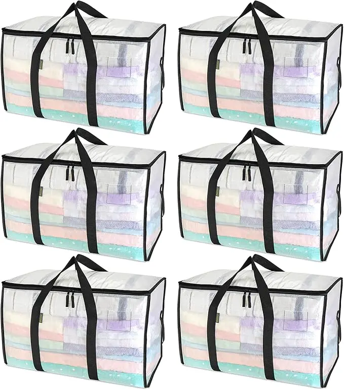 6 Pack Oversized Heavy Duty Moving Storage Bags, Clear Clothes Storage Totes with Reinforced Handles & Zipper Closure for Moving, Dorm Room, Travel & Home Organization