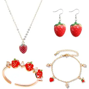 SQ-EA053 Strawberry Jewelry Set - Red Strawberry Necklace, Earrings, Ring, Bracelet; Cute Food Fruit Charm Jewelry for Woman
