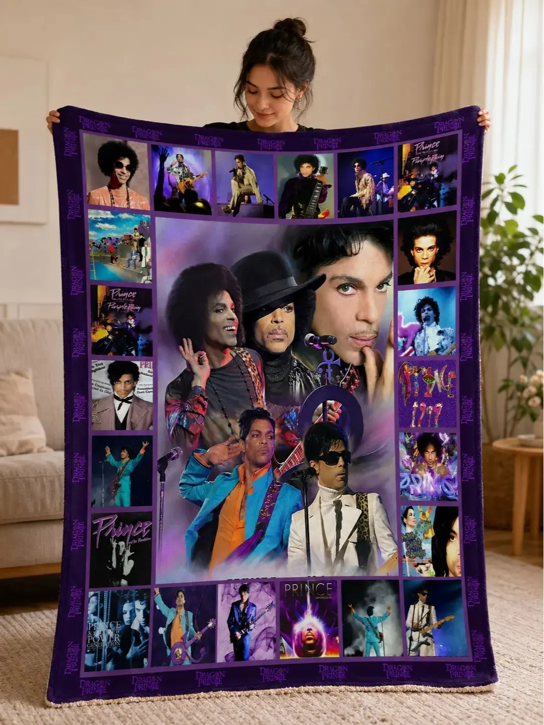 Prince The Purple Vintage 80s-90s Photo Collage Throw Blanket, Purple Rain Era Portraits & Live Concert Art, Cozy Nostalgic Bedroom Decor for Pop Music Fans