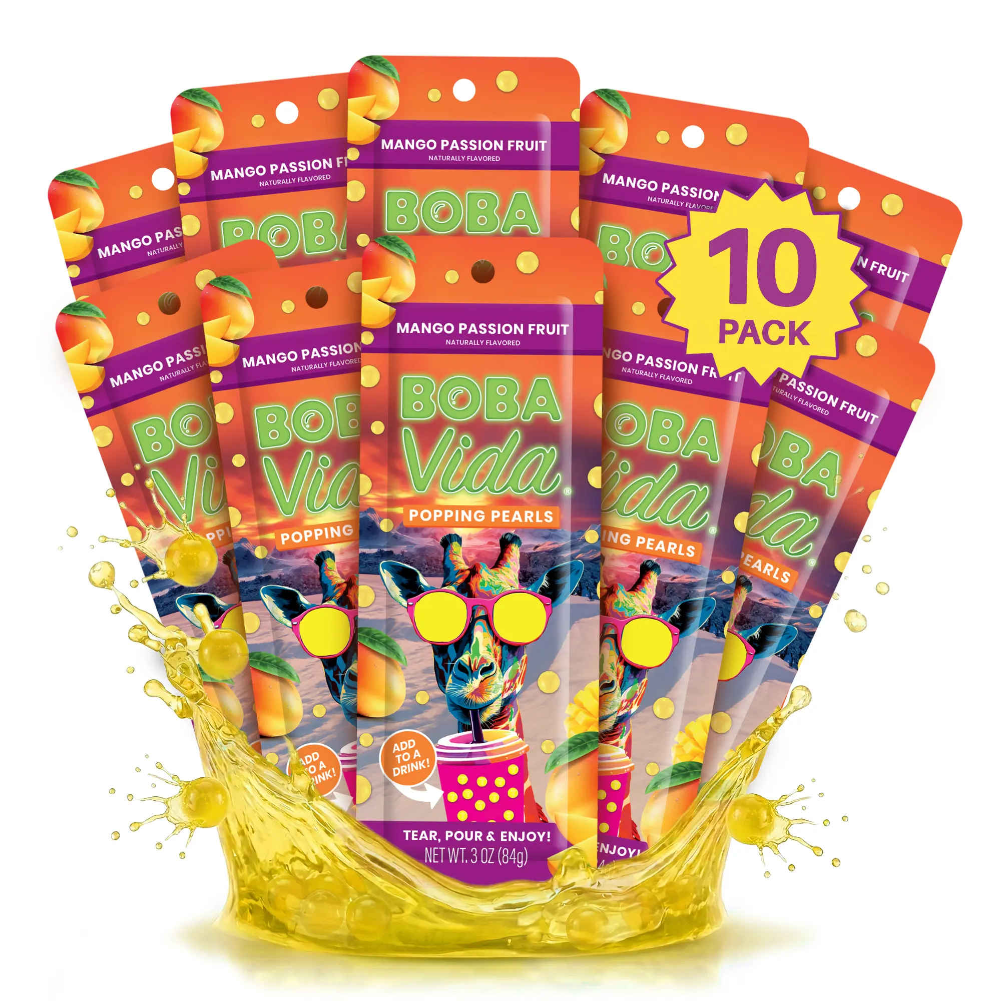 Mango Passion Fruit Popping Boba Pearls (10 Pouches) Bursting Fruit Juice boba Pearls for Beverage Drinks, Bubble teas & Desserts | Vegan, Gluten-Free | Tapioca pearls alternative, Includes Straws