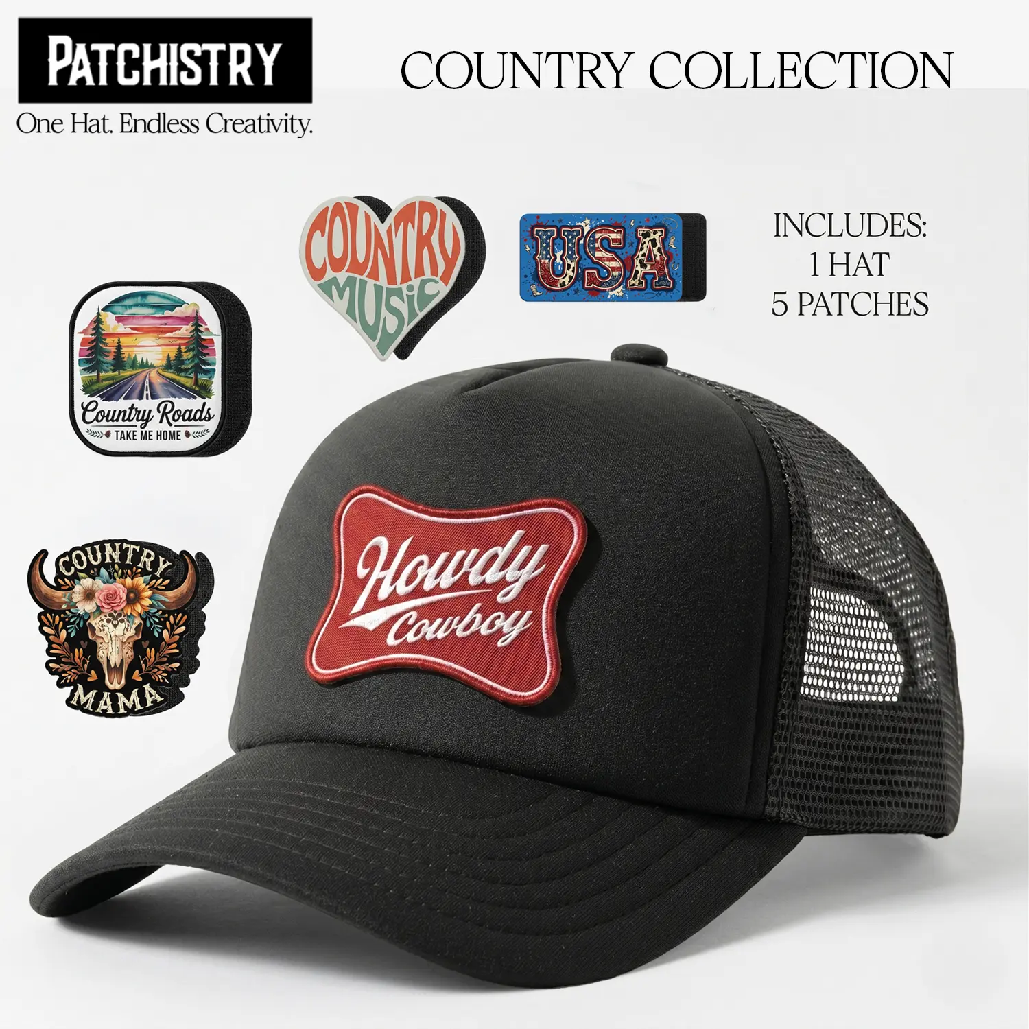 Patchistry Custom Trucker Hat Bundle with 5 Interchangeable Patches