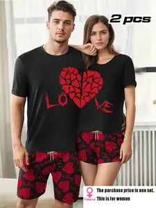 Couple's Matching with Skull Rose Heart Print, Short Sleeve Fitted Top and Pants for Valentine's and Halloween, Casual All Seasons Homewear
