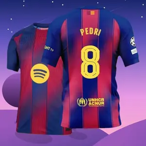 25 26 Home Red And Blue 8# Pedri Short Sleeve Soccer Jersey Fans Version 0