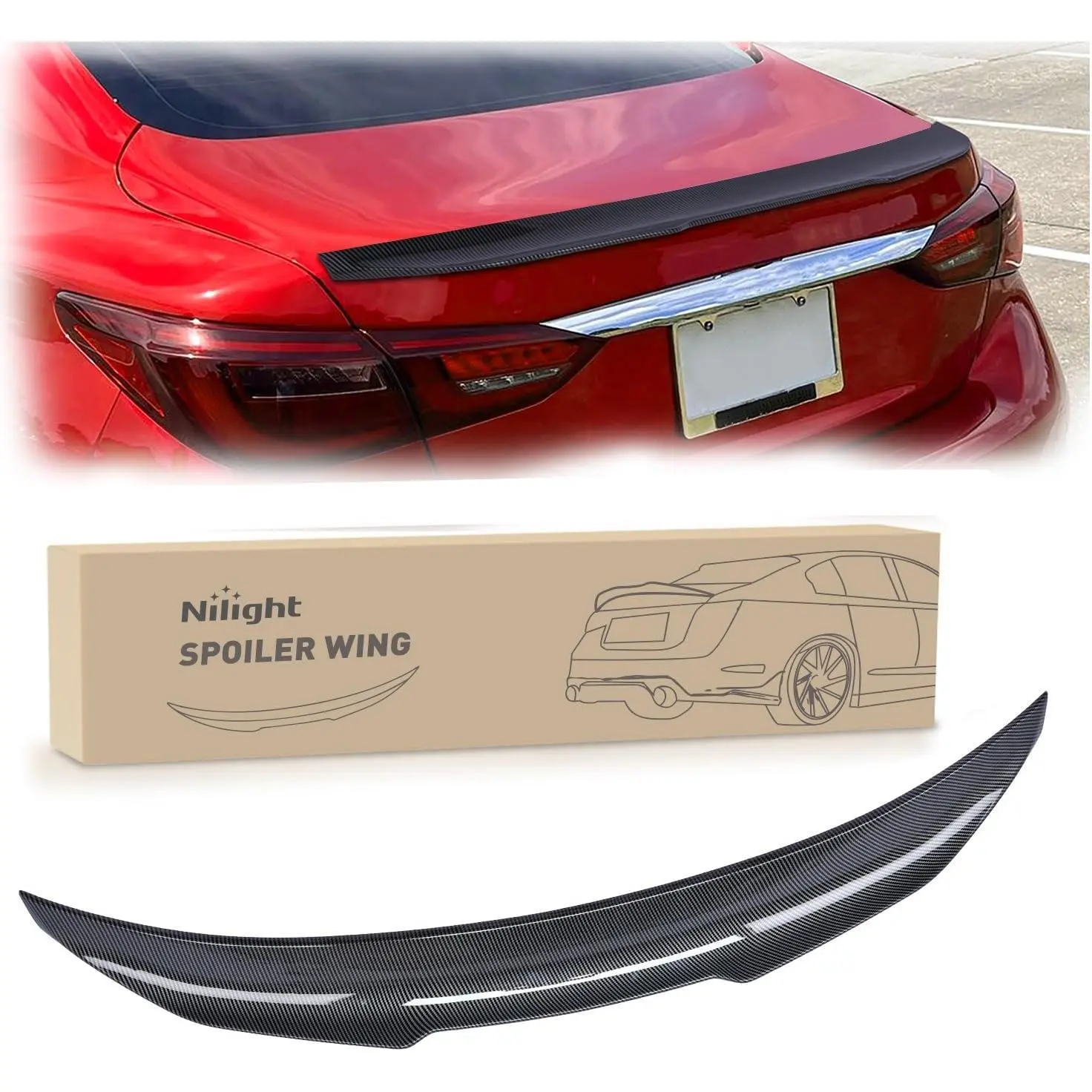 Nilight Spoiler Fit for Infiniti Q50 4 Door Sedan 2014 2015 2016 2017 2018 2019 2020 2021 2022 2023 2024 Spoilers for Cars Rear Spoiler Wing ABS Rear Trunk Lip Accessories, Carbon Fiber Pattern Black