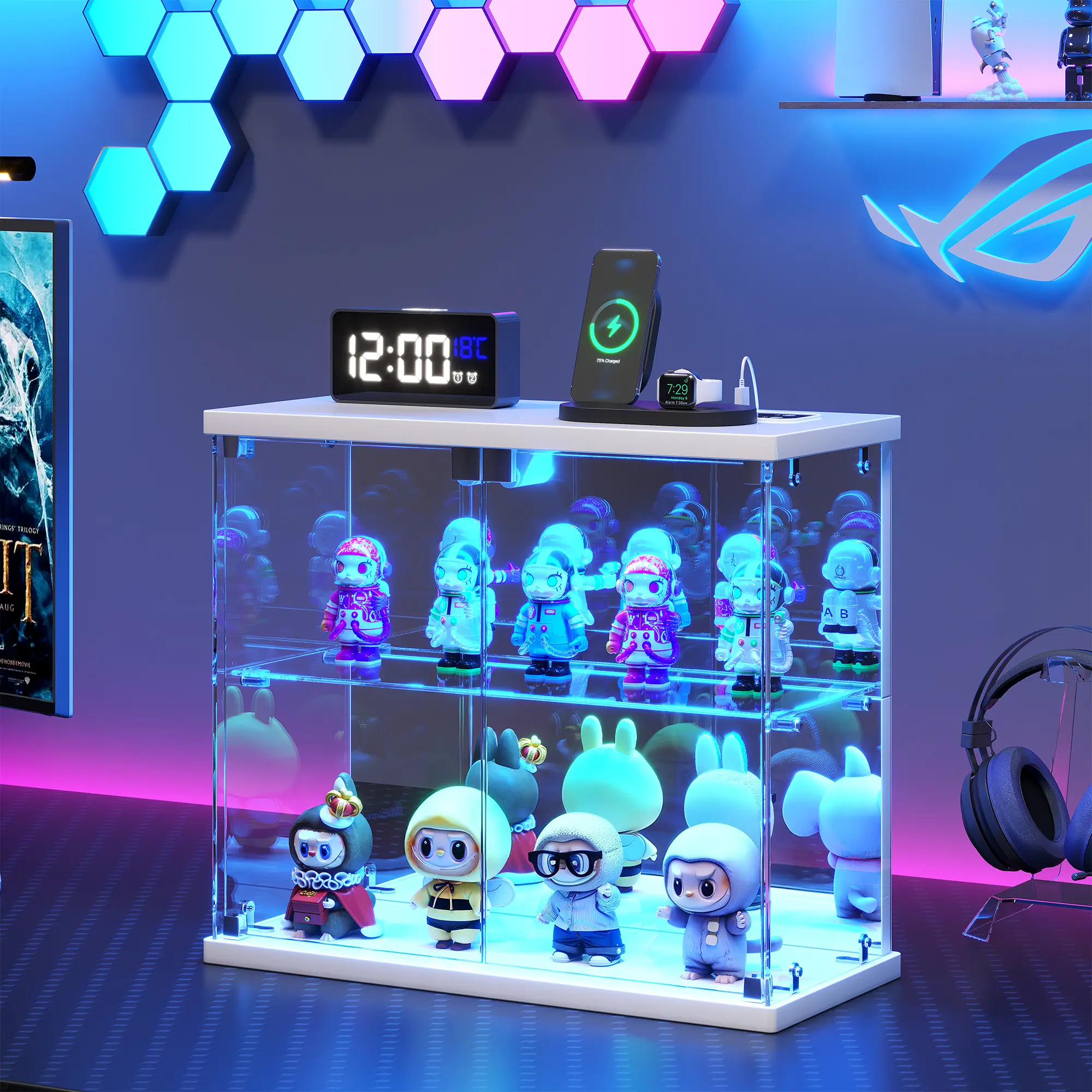 FREDEES Modern Rectangular 2-Tier LED Tempered Glass Display Case - Human Motion Sensor, Type-C & USB Charger Station, 3-Color Lighting for Collectibles, Single Unit for Hobbyists, Room Gadgets