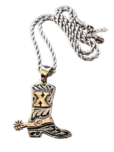 Hand Crafted Cowboy Western Boot Necklace. Initial and Spur made out of Copper. Custom Initial or Logo. Free 23" Rope Chain Included. Made to Order.