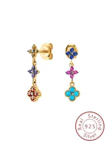 S925 Sterling Silver Fashion Colorful Flower Design Dangle Earrings, Elegant Dangle Earrings for Women, Trendy All-match & Exquisite Jewelry for Birthday Gift, High Quality Earrings