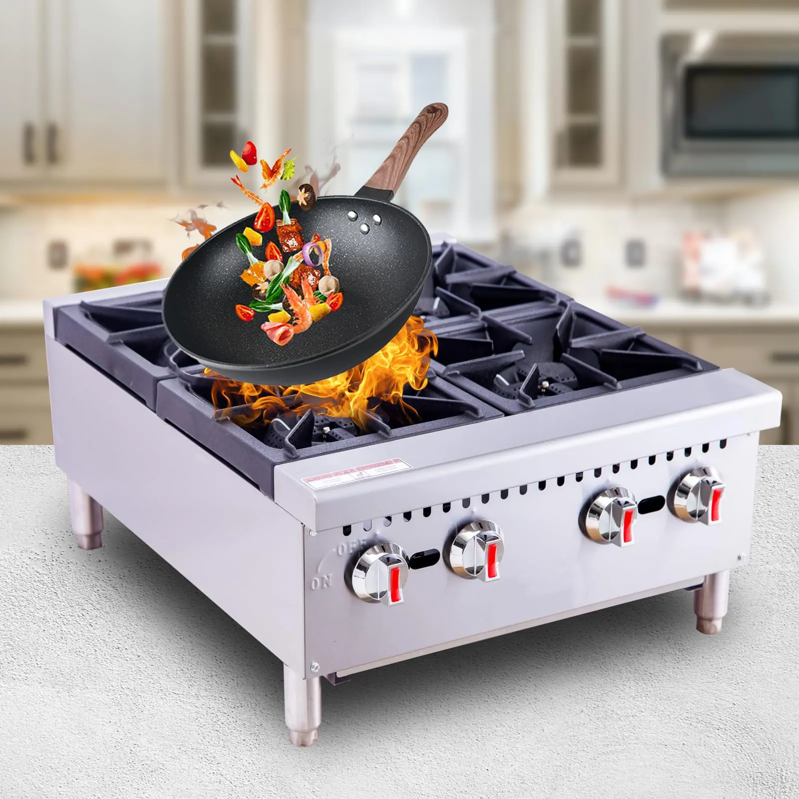 HAKKA FOOD PROCESSING New 24" Countertop Heavy-Duty 4-Burner 120,000 BTU Stainless Steel Metal Gas Range, ETL Listed, ¾” Rear NPT Gas Inlet, Ideal for Restaurants, Food Truck, Household Use