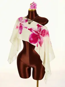 Women's Orchid Print Chiffon Shawl, Casual Soft Shawl, Lightweight Transparent Scarf, Summer Beach Cover-Up, Perfect for Vacation and Daily Wear