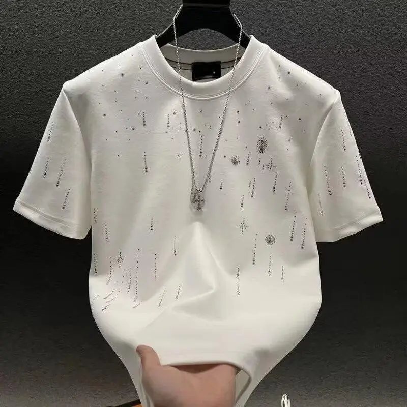 Men's Meteor Graphic Hit Full Diamond T-Shirt - Short-Sleeved, Round Neck, Heavy Industrial Light Luxury High-End Menswear, Casual Fashion Clothing Streetwear Tshirt, Dark Streetwear Men's Short-Sleeve T-Shirts, Print, Heavyweight