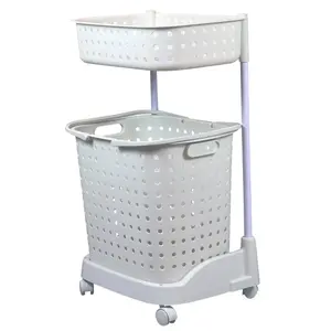 212 MAIN QI003311 Plastic 2-Tier Rectangular Removable Basket Laundry Hamper - Perforated Holes, Wheels, White Finish, Home Supplies Laundry Tool Accessory for Bedroom