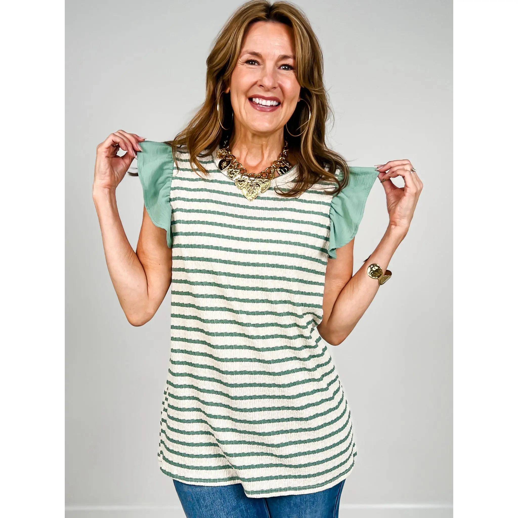 Jacquard Striped Sleeveless Top Ruffle Shoulder
