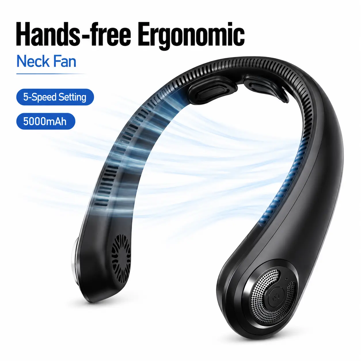 Hands-Free Ergonomic Bladeless Neck Fan with Neck Support, 5-Speed Rechargeable, 15H Long Lasting, Ultra Quiet Rechargeable Cooling Fan for Travel, Outdoor, Hot Flashes, Golf, Office