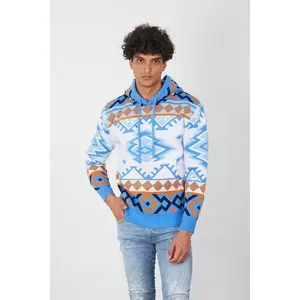 Men’s Aztec Knit Hoodie – Blue Orange Patterned Pullover Sweater