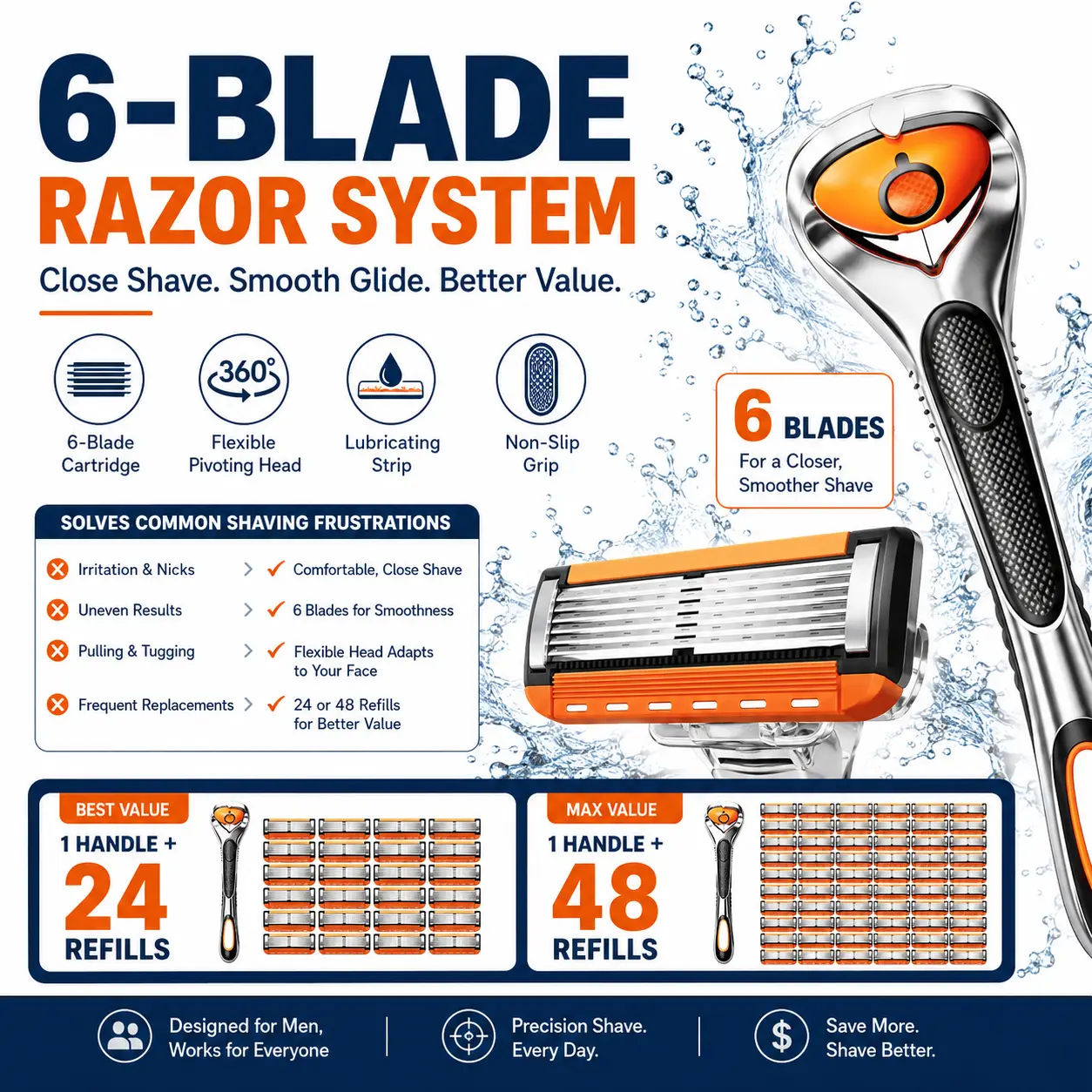 6-Layer Razors for Men & Women, Shaving Kit Includes 1 Handle & 24 or 48 Replacement Blades for a Smooth, Comfortable Shave on Head & Bikini Line, Blade Refills, Daily Shaving, Durable, Unscented