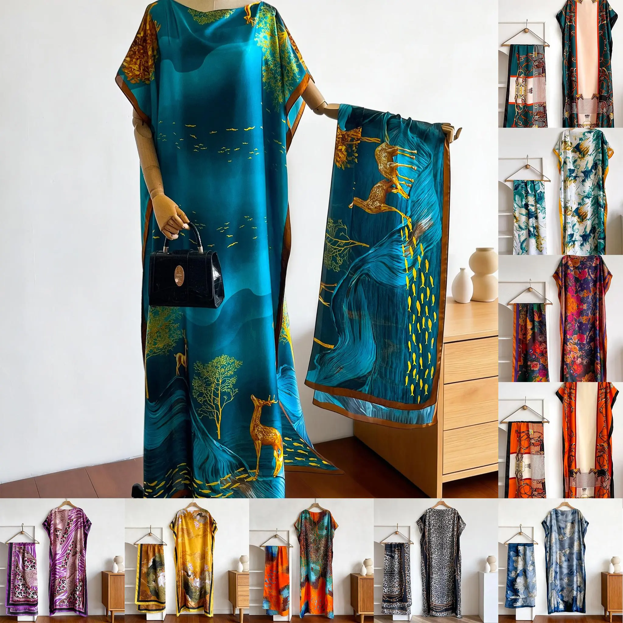 Women's Casual Smooth Vintage Printed Loose Caftan Maxi Dress Set, Lightweight Beach Cover-Up with Matching Scarf That Fits Your Style