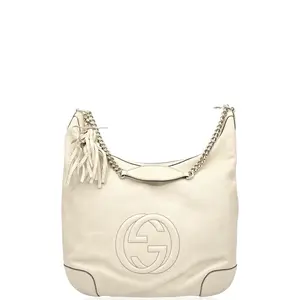 Pre-owned GUCCI Leather Shoulder Bags Interlocking G Tassel Medium Soho Chain Hobo Grained Calfskin Beige (xd040226a4)